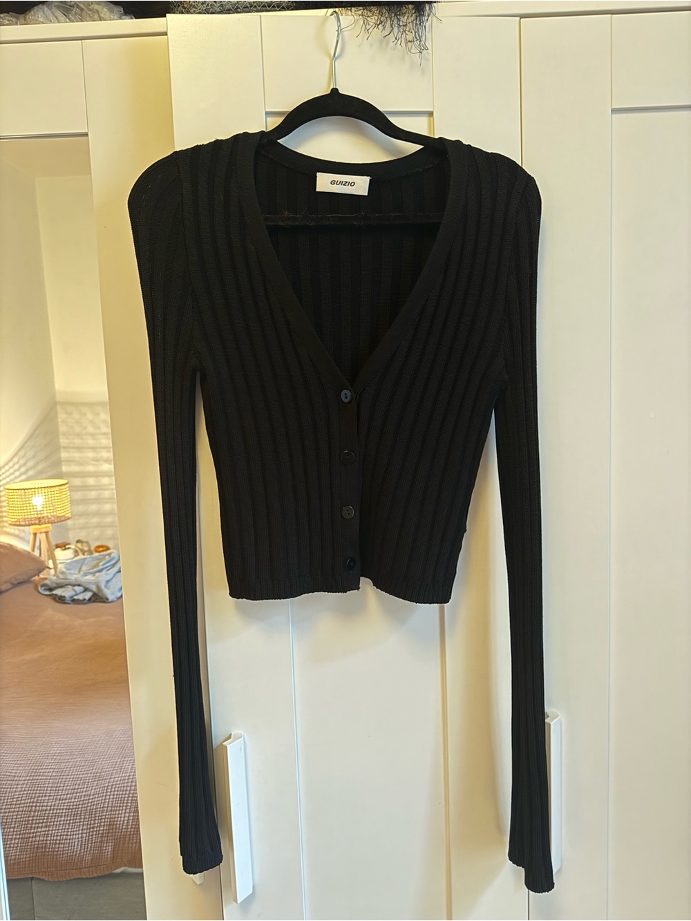 GUIZIO Black Ribbed V-Neck Button Cardigan - Picture 2 of 7